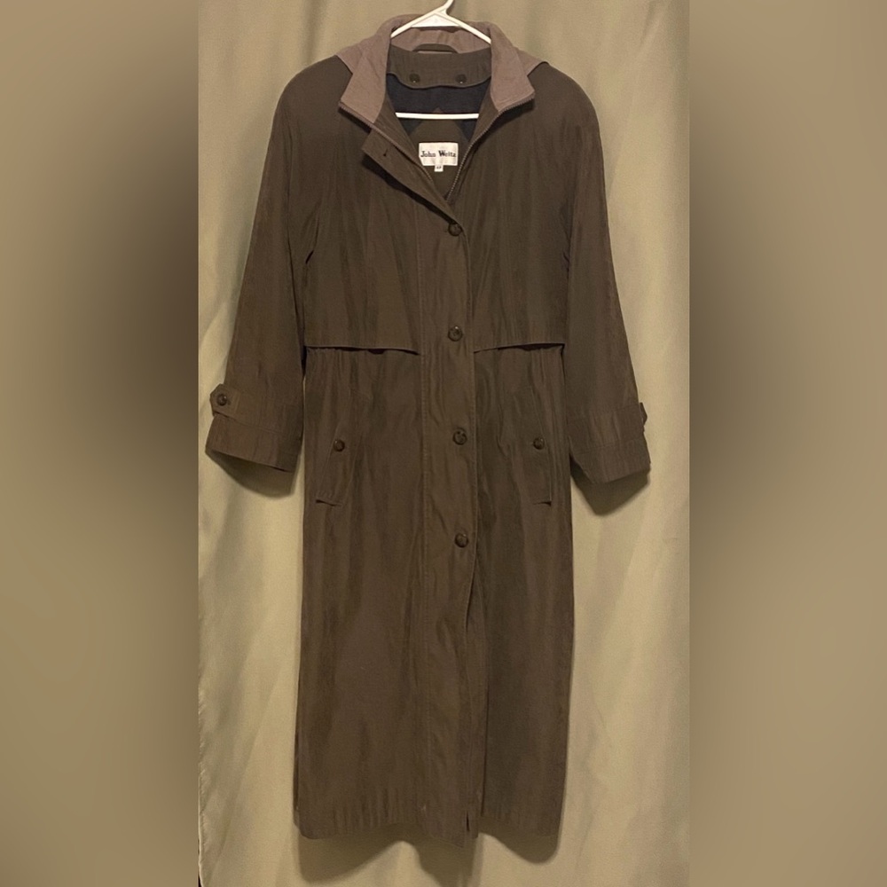 Vintage John Weitz Full Length Trench Coat Lined  Hooded  Olive Green Women’s 4P